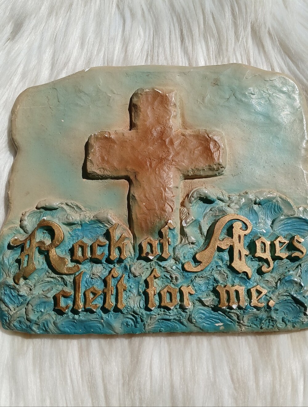 Vintage 1940s Rock of Ages Cleft for Me Cross Wall Hanging Plaque Chalkware mcm